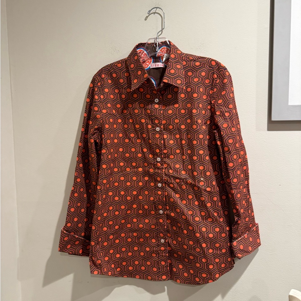 Tizzie‎ Orange Casual Button Down Shirt Long Sleeves Geometric Print Medium
